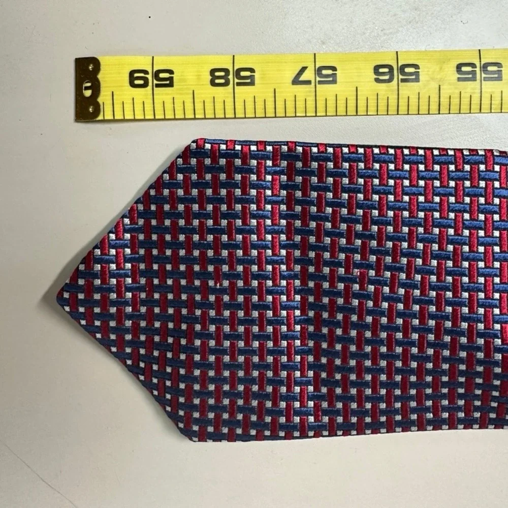 Tommy Hilfiger Mens Silk Necktie Red Blue White Basketweave Geometric Woven Tie